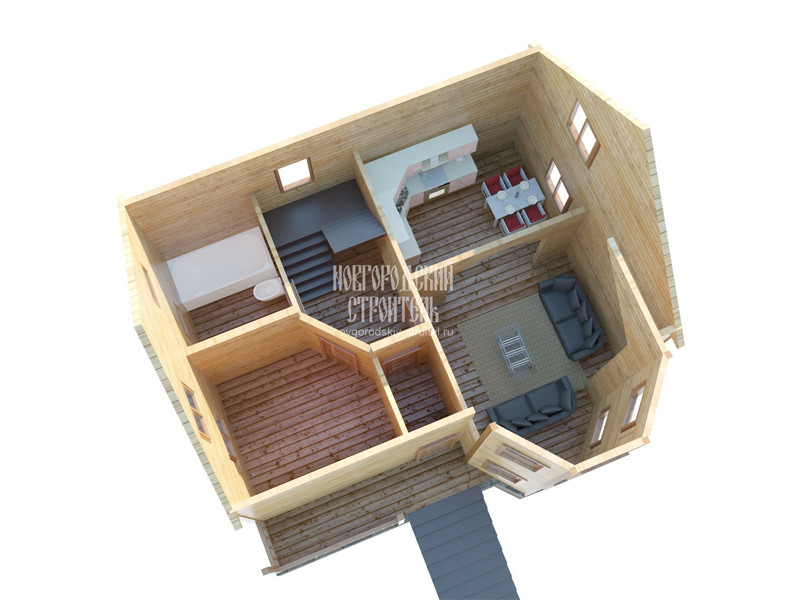 Проект каркасного дома 8х9 в 1.5 этажа с эркером - визуальная планировка