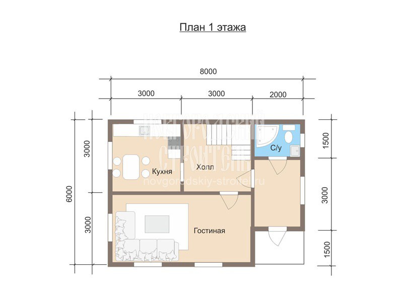 Проект двухэтажного дома из бруса 6х8 - планировка 1 этажа