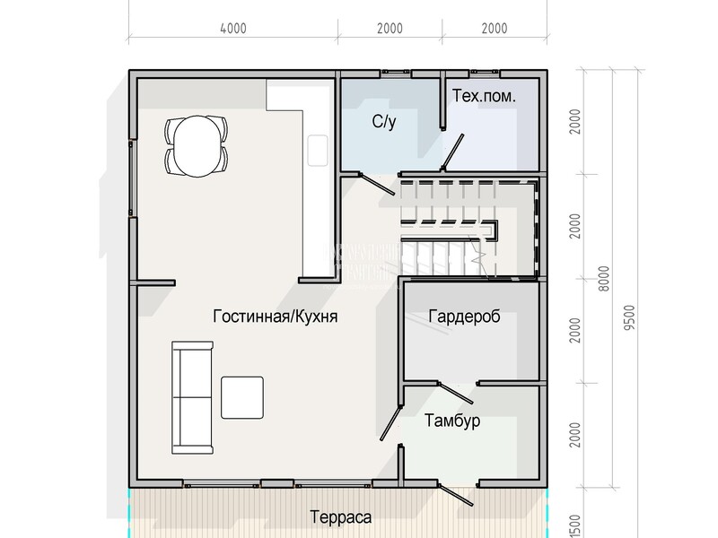 Проект дома из бруса 8х9.5 с террасой и балконом - планировка
