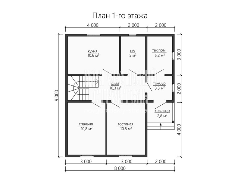 Планировка 1 этажа каркасного дома с мансардой 9 на 8 м