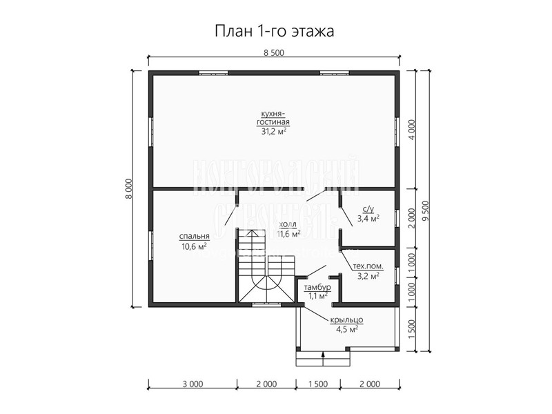 Планировка 1 этажа каркасного дома с мансардой 8.5 на 8 м