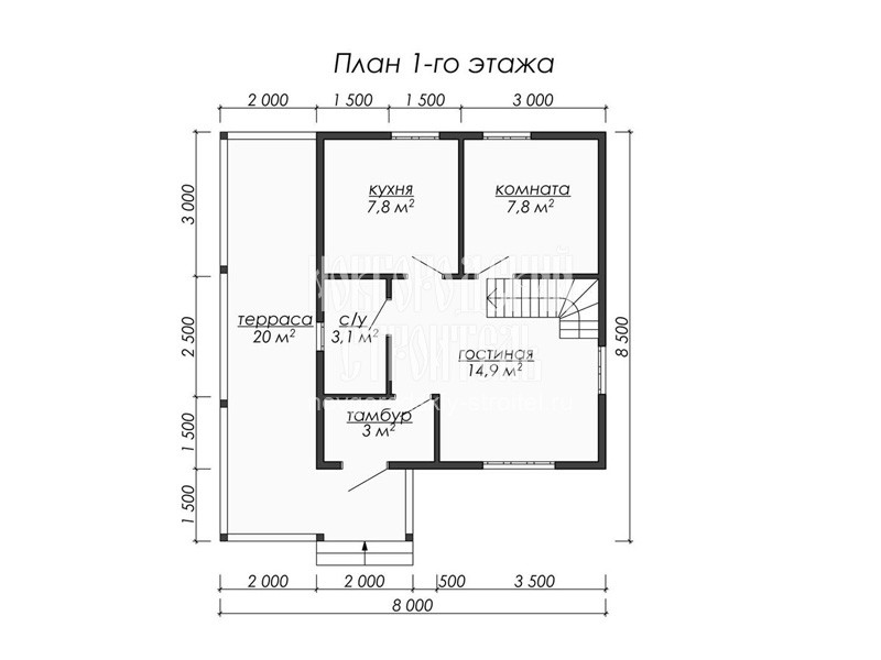 План 1 этажа полутораэтажного каркасного дома 8.5 на 8 м