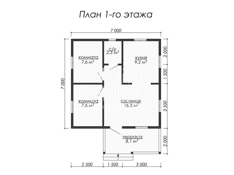 План 1 этажа одноэтажного каркасного дома 7 на 7 м