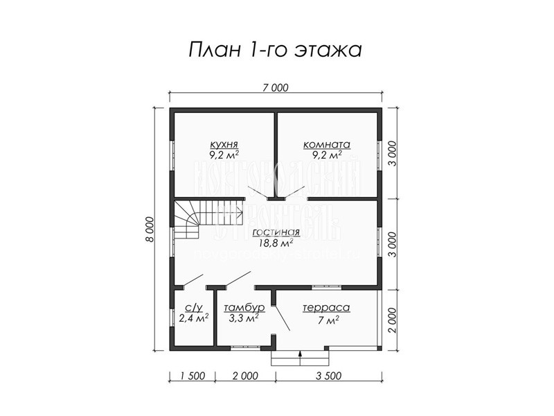 План 1 этажа каркасного дома с мансардой 8 на 7 м