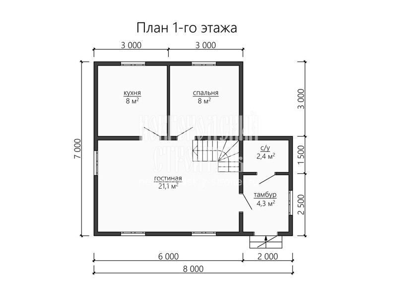 Планировка 1 этажа каркасного дома с мансардой 8 на 7 м