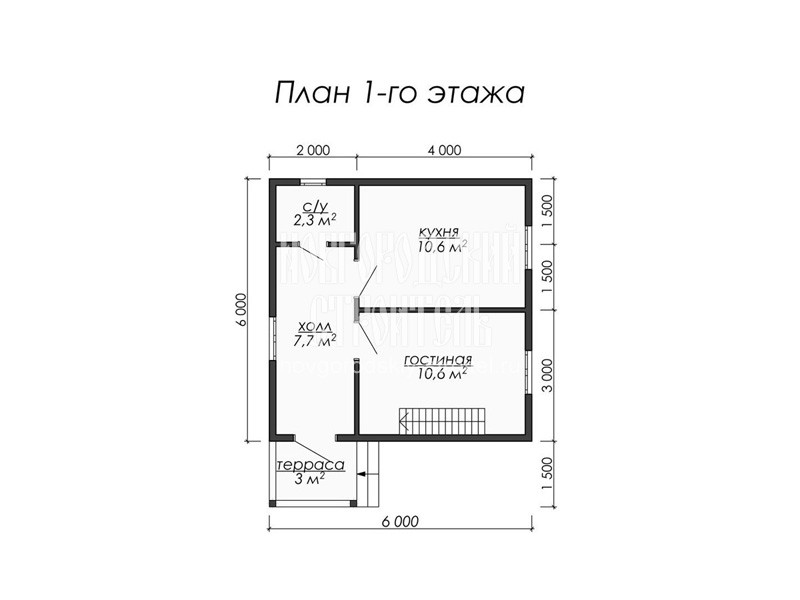 Планировка 1 этажа каркасного дома с мансардой 6 на 6 м с террасой