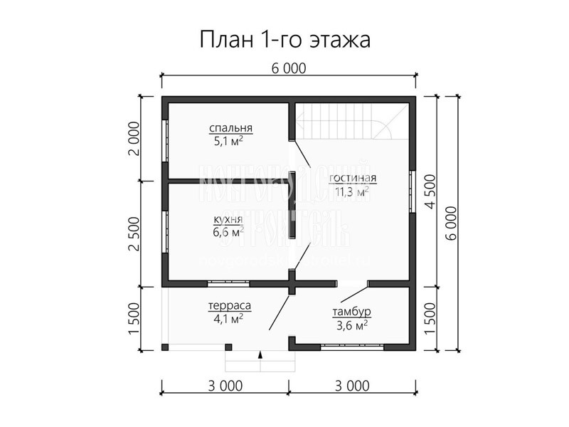 Планировка 1 этажа каркасного дома с мансардой 6 на 6 м с террасой